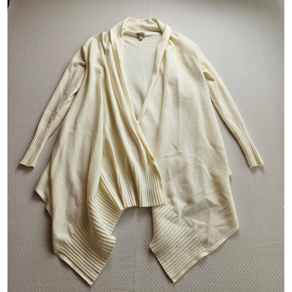 Cremieux Cream Ribbed Draped Open Front Long Cardigan Sweater Asymmetrical XS